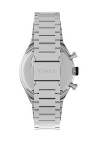 Sidabrinė nerūdijančio plieno Timex laikrodžio apyrankė su grandinėle, apvalus korpusas, chronografo mygtukai ir lygus tekstūruotas nugarėlė.