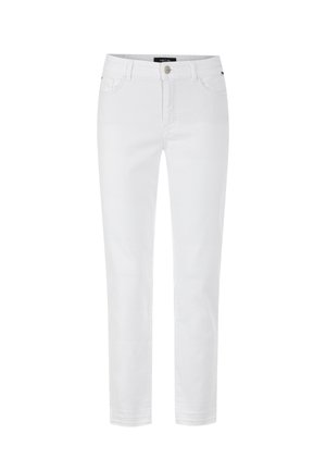 White denim jeans with a slim fit, five-pocket design, and a standard button closure. Smooth texture and clean lines throughout.