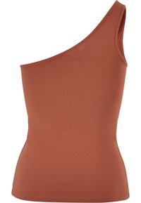 Haut marron sans manches avec découpe sur une épaule et taille cintrée, confectionné dans un tissu lisse et extensible.
