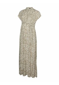 Maxime vestido beige con estampado abstracto blanco, mangas cortas, cuello con solapa y detalle de lazo en la cintura. Tela liviana y fluida.