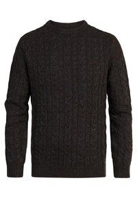 Dunkelbrauner kabelgestrickter Pullover mit rundem Halsausschnitt sowie gerippten Bündchen und Saum. Der strukturierte Stoff zeigt filigrane Strickmuster.