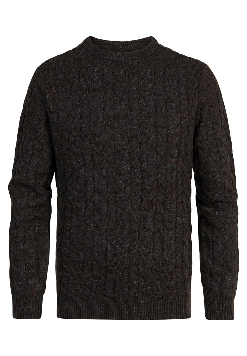 Dunkelbrauner kabelgestrickter Pullover mit rundem Halsausschnitt sowie gerippten Bündchen und Saum. Der strukturierte Stoff zeigt filigrane Strickmuster.