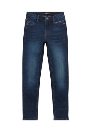Dunkelblaue Slim-Fit-Denim-Jeans mit Vordertaschen, Gürtelschlaufen und einem Knopfverschluss vorne.