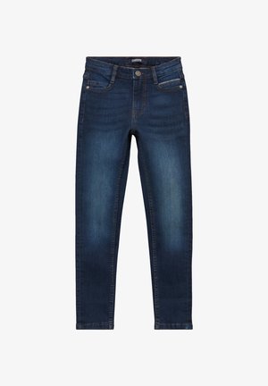 Jean slim en denim bleu foncé avec poches avant, passants pour ceinture et fermeture à bouton sur le devant.
