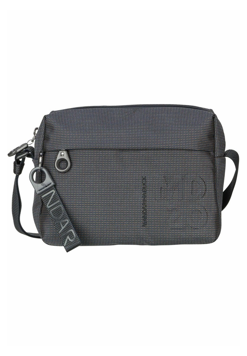 Borsa a spalla grigia con texture, chiusura con zip, tracolla regolabile e tasca frontale. Presenta un motivo a pois discreto e un dettaglio di branding.