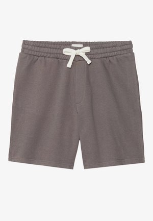 Graue Shorts mit elastischem Bund, weißem Kordelzug, mittellang bis zur Mitte des Oberschenkels und Seitentaschen.