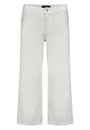 Lichtgrijze cropped wijde broek met knoop- en ritssluiting, voor- en achterzakken en riemlussen.