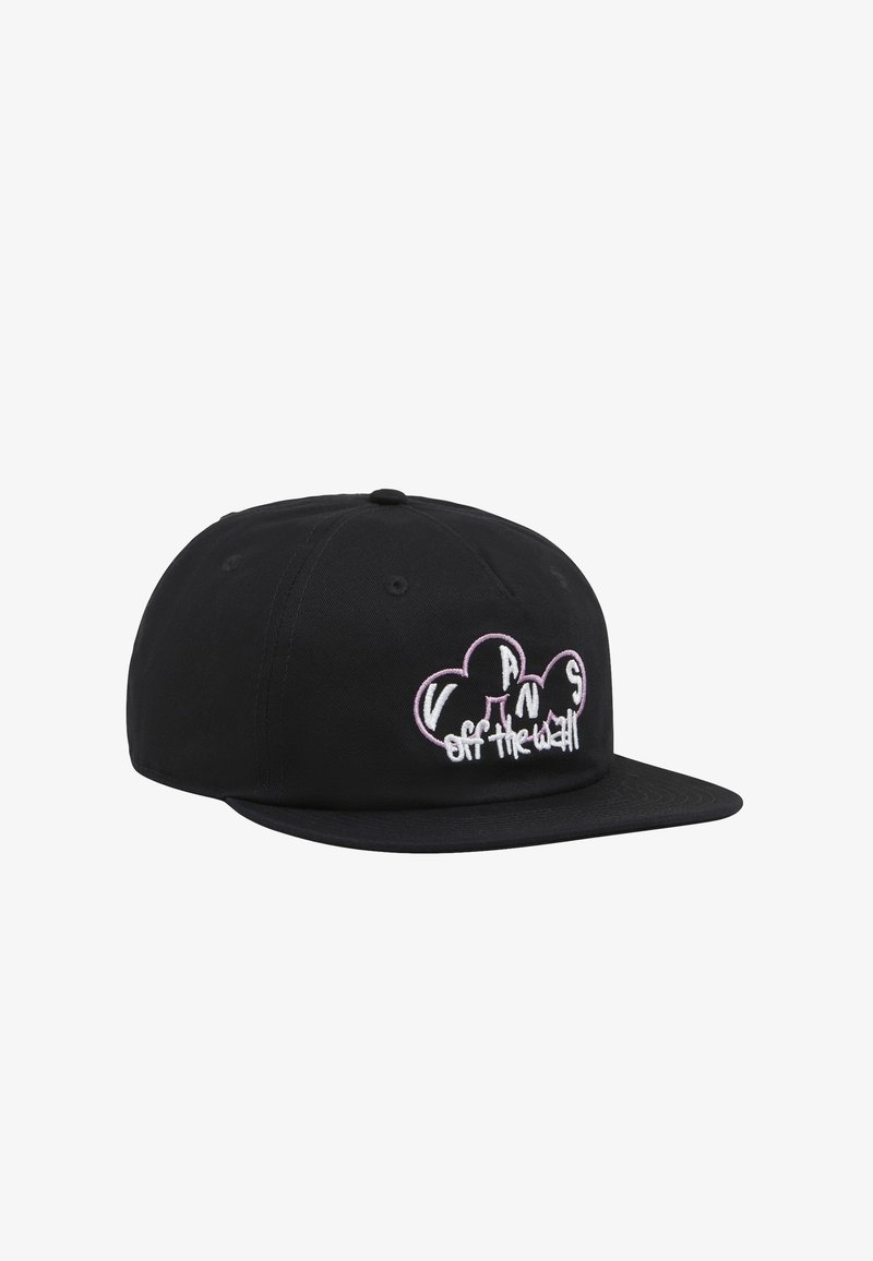Gorra snapback negra hecha de algodón. Cuenta con un logotipo bordado en blanco y rosa. Visera plana, parte trasera cerrada, construcción de seis paneles.