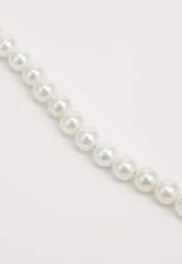 String of round, white pearls with a smooth texture and slight luster, evenly sized, with subtle color variations.