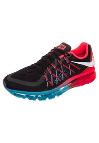 Black athletic shoe with a mesh upper, red accents, and a gradient rubber sole in blue and red. Features reflective hardware and lacing design.