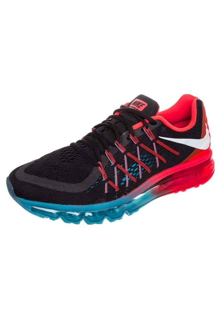 Black athletic shoe with a mesh upper, red accents, and a gradient rubber sole in blue and red. Features reflective hardware and lacing design.
