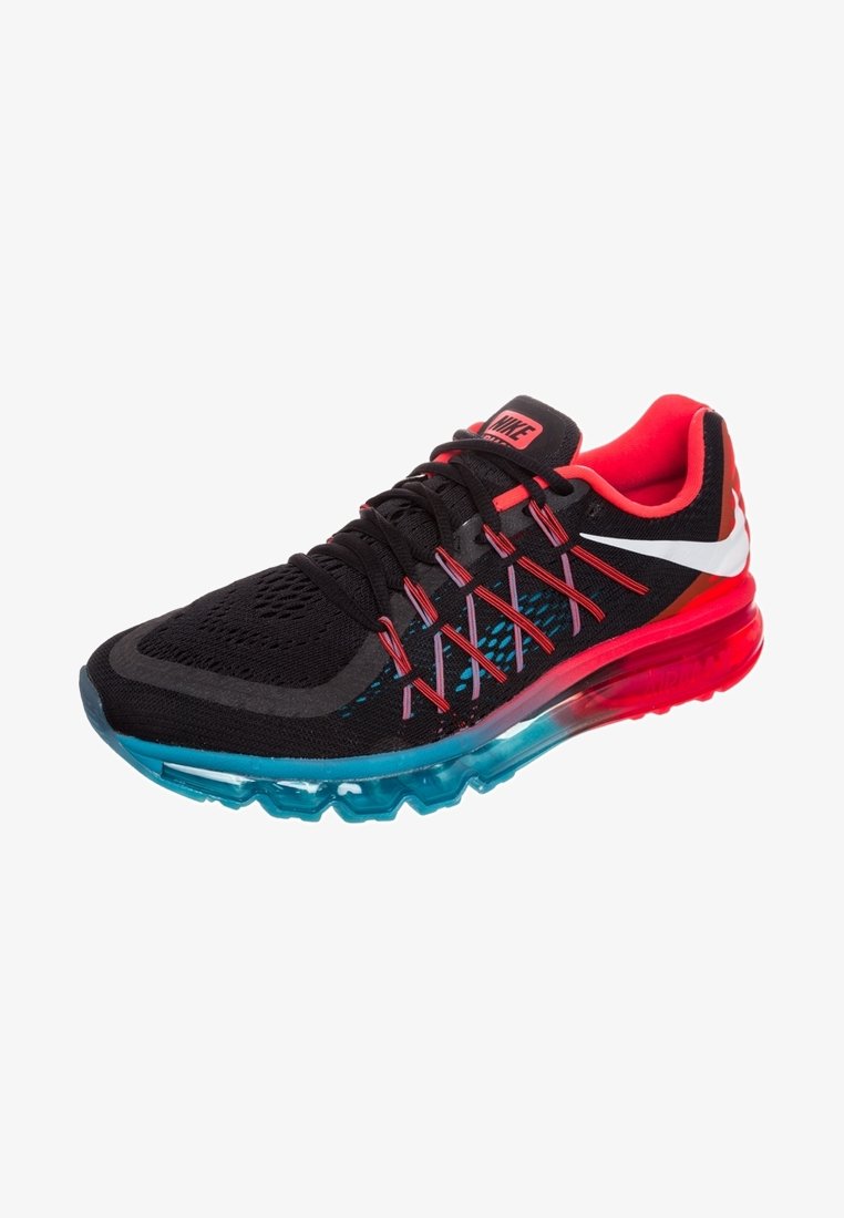 Black athletic shoe with a mesh upper, red accents, and a gradient rubber sole in blue and red. Features reflective hardware and lacing design.