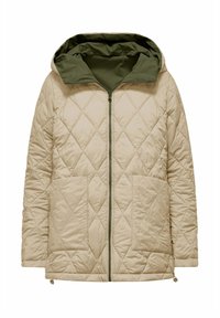 Giacca trapuntata beige con motivo a diamante, cappuccio bicolore verde, due tasche frontali e zip a tutta lunghezza. Texture liscia.