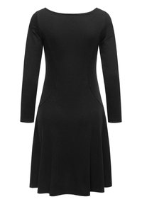 Black long-sleeve dress with a fitted bodice and flared skirt. Smooth texture, subtle side seams, and a rounded neckline.
