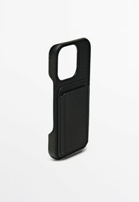Black leather phone case with a textured finish. Features a card slot on the back, angled sides, and an open front for screen access.