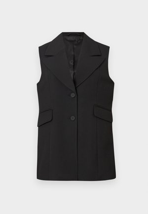 Black sleeveless vest with a sharp collar, two buttons, and two front pockets. Made of smooth fabric with a tailored fit.