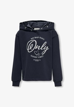 Sudadera azul marino con capucha, con un estampado gráfico plateado que dice "NO HAY DÍAS MALOS SOLO BUENAS VIBRACIONES". Puños y dobladillo acanalados.