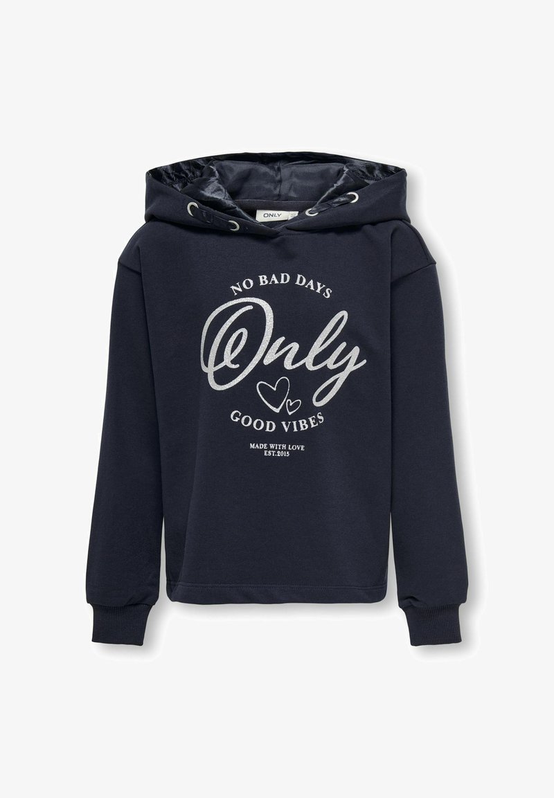 Sudadera azul marino con capucha, con un estampado gráfico plateado que dice "NO HAY DÍAS MALOS SOLO BUENAS VIBRACIONES". Puños y dobladillo acanalados.