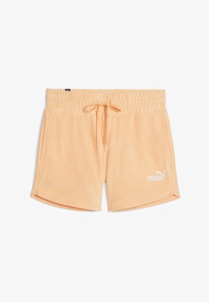 Bermudas de color melocotón hechas de una tela suave, con cinturilla elástica y cordón ajustable. Incluye bolsillos laterales y un acento de logo blanco.