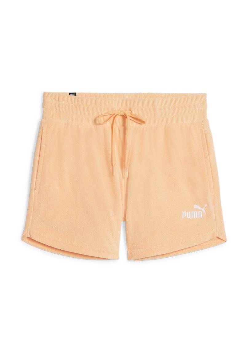 Peachfarvede shorts lavet af blødt stof med elastisk talje og justerbar snor. Har sidelommer og hvidt logo element.