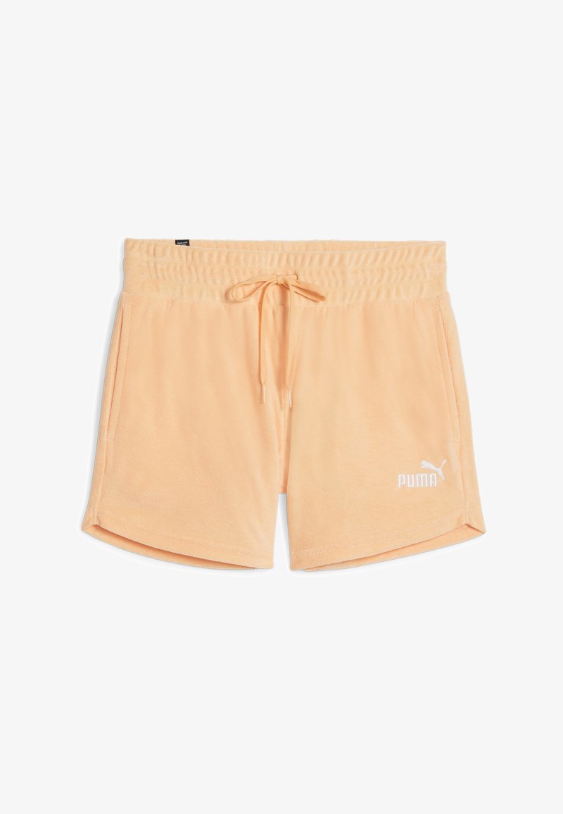 Pfirsichfarbene Shorts aus weichem Stoff mit elastischem Bund und verstellbarem Kordelzug. Verfügt über seitliche Taschen und einen weißen Logoakzent.