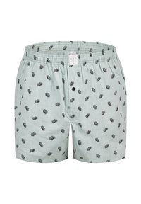 Boxers bleu clair avec un motif de feuilles noires, une taille élastique et une fermeture à bouton à l'avant. Fabriqués en tissu doux et respirant.