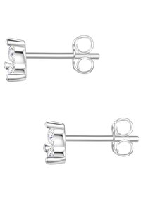 Stere silverörhängen med en krona design, prydda med två klara, rundslipade stenar. Slät yta med polerad finish.