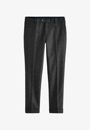 Grau gefärbte Hose aus einem strukturierten Stoff, mit Knopfverschluss, Gürtelschlaufen und umgeschlagenen Säumen. Seitentaschen und Gesäßtaschen sind enthalten.