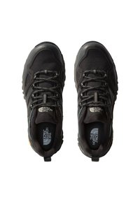 Black hiking shoes featuring a textured mesh upper, reinforced toe cap, and sturdy rubber outsole. Reflective accents and contrasting laces.