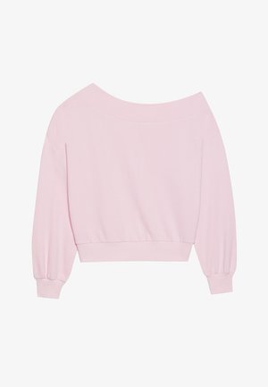 Roosa õlavarraste pealt avatud sweatshirt, millel on pikad balloonvarrukad ja suleline vöökoht. Sile tekstuur ribitud mansettidega. Ilma mustrite ja riistvaraeta.
