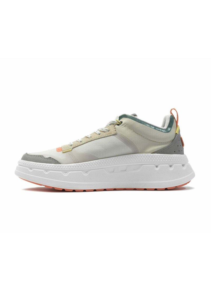 Des sneakers légers avec une tige en matériaux mixtes beige et gris, présentant une épaisse semelle blanche et des accents colorés sur le talon.
