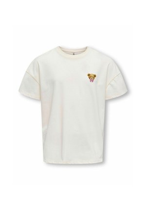 Lichtcrème katoenen T-shirt met een relaxte pasvorm, voorzien van een klein bruin teddybeerlogo en een roze strik op de linkerkant van de borst.