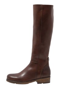 Botte montante en cuir marron jusqu'au genou, avec un bout arrondi, un petit talon empilé et une texture lisse. Présente une couture latérale et un détail de surpiqûres discrètes.