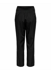 Crne trudničke hlače s mekanim elastičnim pojasom i ravnim nogavicama, dizajnirane za udobnost i rastezljivost.