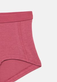 Roze ondergoed met hoge taille, gekenmerkt door een zachte, gladde textuur, afgewerkt met platte naden en een rekbare tailleband voor comfort.