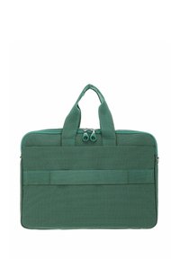 Sac d'ordinateur portable vert avec deux poignées supérieures, tissu résistant, fermeture éclair, poche plate à l'avant et design de surface texturée.