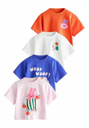 Four short-sleeve t-shirts in orange, white, blue, and pink, featuring playful animal graphics and text, all made from soft cotton fabric.