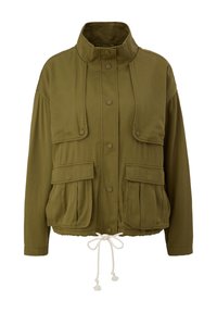 Olivgrüne, leichte Jacke mit hohem Kragen, Druckknöpfen, zwei frontalen Taschen und einem Kordelzug am Saum mit Quasten.