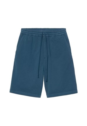 Pantalones cortos informales azul marino con cintura elástica, cordón y bolsillos laterales, mostrados sobre un fondo blanco.