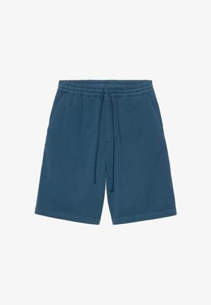 Pantalones cortos informales azul marino con cintura elástica, cordón y bolsillos laterales, mostrados sobre un fondo blanco.