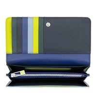 Portafoglio in pelle nei colori navy, verde, blu e giallo. Include slot per carte, tasca con zip e chiusura a scatto. Texture liscia e linee pulite.