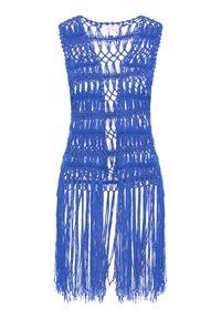 Blå fransad virkad väst med V-ringning, med ett öppet vävmönster och långa strängar hängande från fållen.