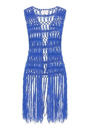 Plavi čipkani prsluk s resama i V-izrezom, s otvorenim uzorkom pletenja i dugim resicama koje vise s rubova.