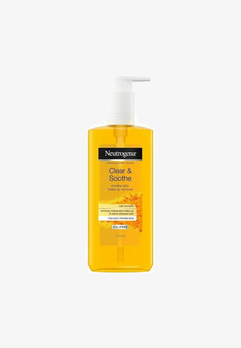 Neutrogena Clear & Soothe micellar jelly makeup remover i en transparent gul flaske med en hvid pumpe og sort etiket. Oliefri formel.