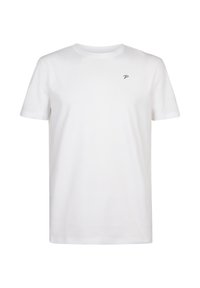T-shirt bianco a maniche corte in cotone con scollo rotondo e un piccolo logo "P" nero sulla parte sinistra del petto, texture liscia.