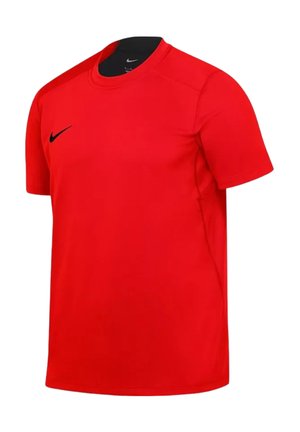 Rød sport T-shirt med korte ærmer og sort Nike swoosh-logo på højre bryst mod en hvid baggrund.