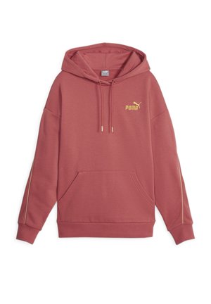 Bluza z kapturem Puma w kolorze rdzy, z przednią kieszenią, kapturem ze ściągaczem, ściągaczami na mankietach i żółtym logo Puma na piersi.