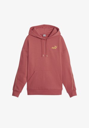 Rust-colored Puma hoodie with front pocket, drawstring hood, ribbed cuffs, and yellow Puma logo on the chest.