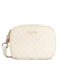 Borsa a tracolla beige con motivo in rilievo, hardware dorato e chiusura con zip. Presenta una tracolla staccabile e un dettaglio del logo sulla parte anteriore.
