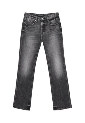 Black denim jeans with a straight-leg design, faded texture, and five pockets. Features belt loops and a zipper fly.